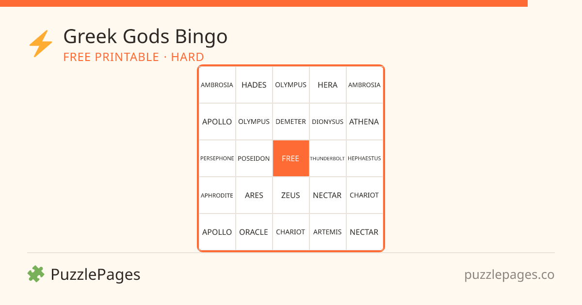 Greek Gods Hard printable bingo preview — free to print from PuzzlePages