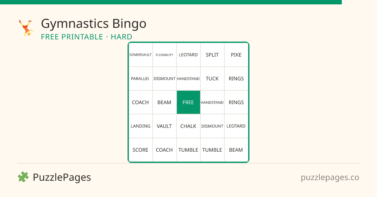 Gymnastics Hard printable bingo preview — free to print from PuzzlePages