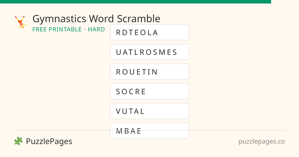 Gymnastics Hard printable word scramble preview — free to print from PuzzlePages