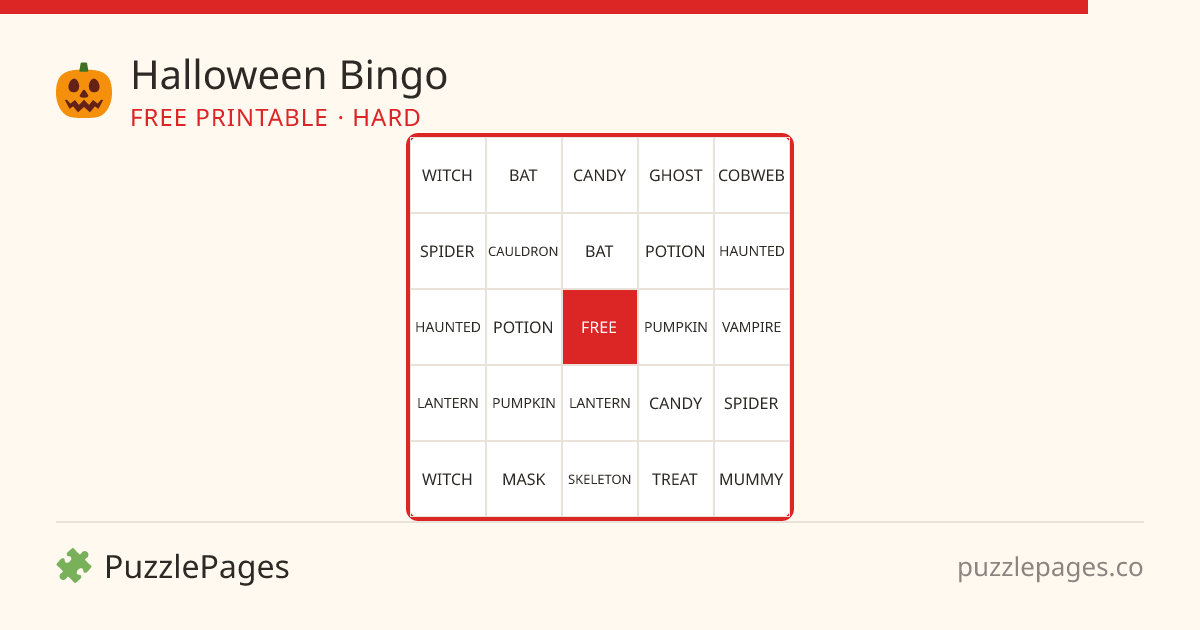 Halloween Hard printable bingo preview — free to print from PuzzlePages