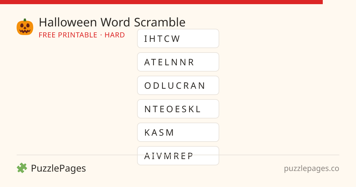 Halloween Hard printable word scramble preview — free to print from PuzzlePages