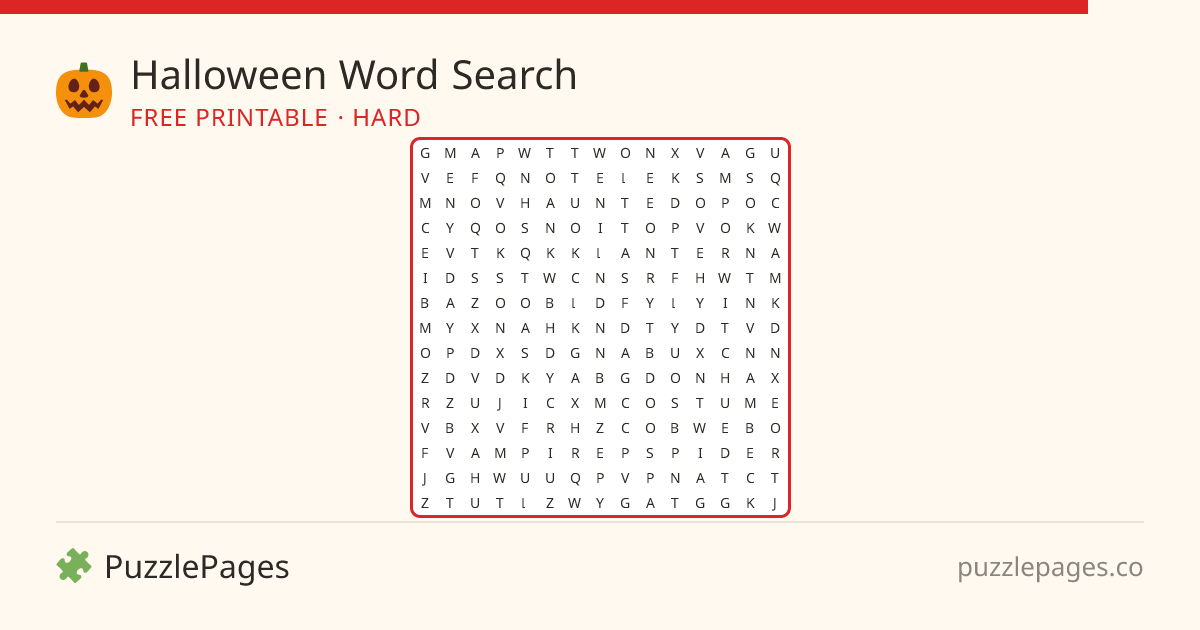 Halloween Hard printable word search preview — free to print from PuzzlePages