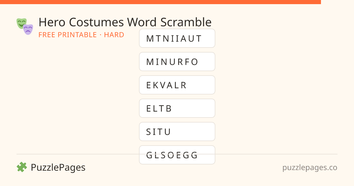 Hero Costumes Hard printable word scramble preview — free to print from PuzzlePages