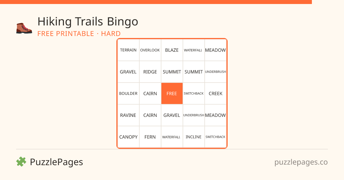 Hiking Trails Hard printable bingo preview — free to print from PuzzlePages
