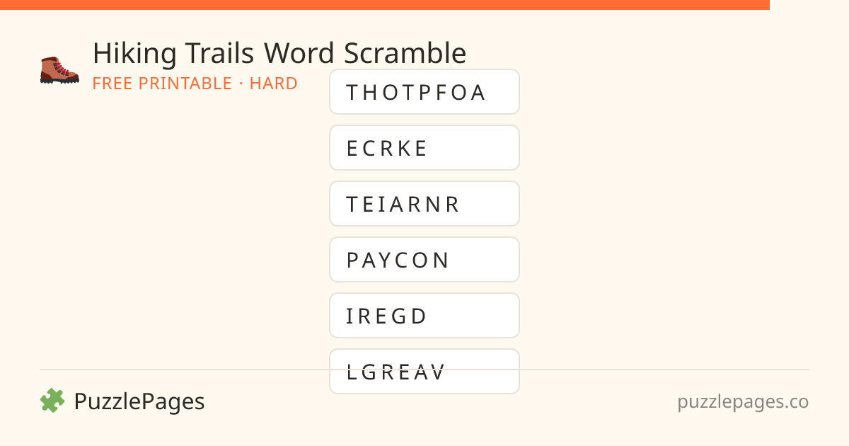 Hiking Trails Hard printable word scramble preview — free to print from PuzzlePages
