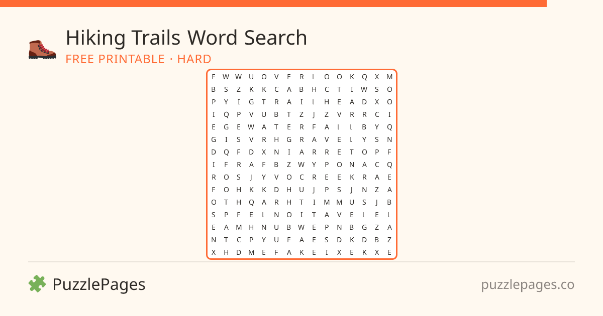 Hiking Trails Hard printable word search preview — free to print from PuzzlePages