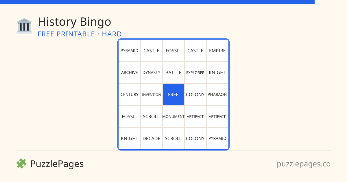 History Hard printable bingo preview — free to print from PuzzlePages