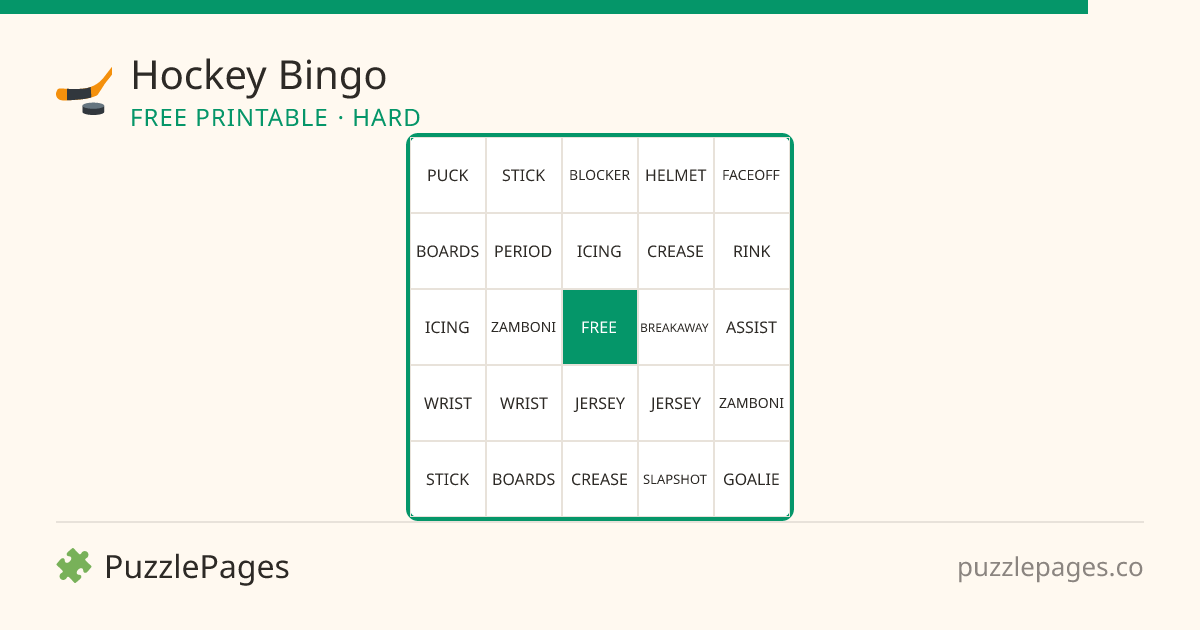 Hockey Hard printable bingo preview — free to print from PuzzlePages