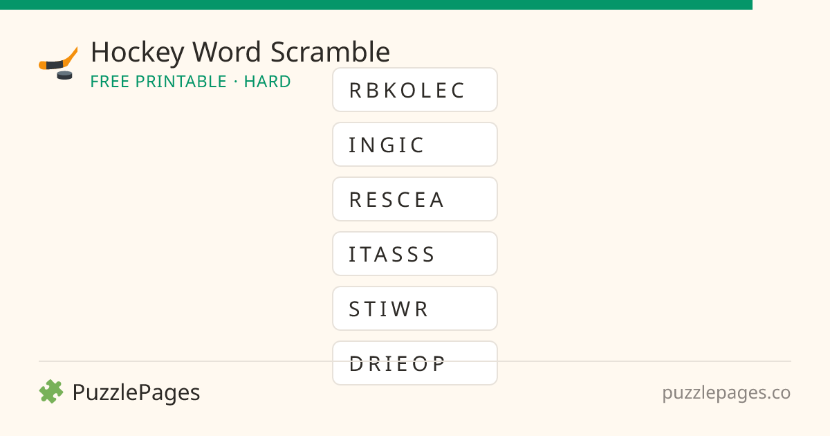 Hockey Hard printable word scramble preview — free to print from PuzzlePages