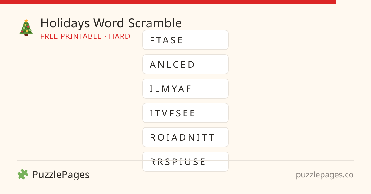 Holidays Hard printable word scramble preview — free to print from PuzzlePages