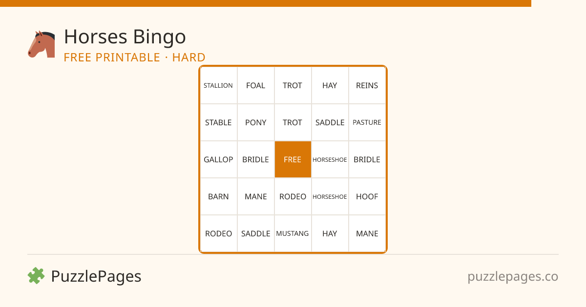 Horses Hard printable bingo preview — free to print from PuzzlePages