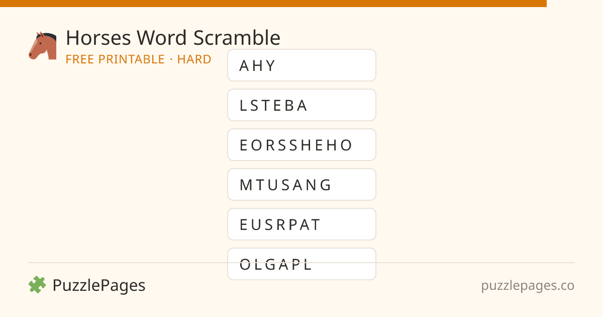 Horses Hard printable word scramble preview — free to print from PuzzlePages