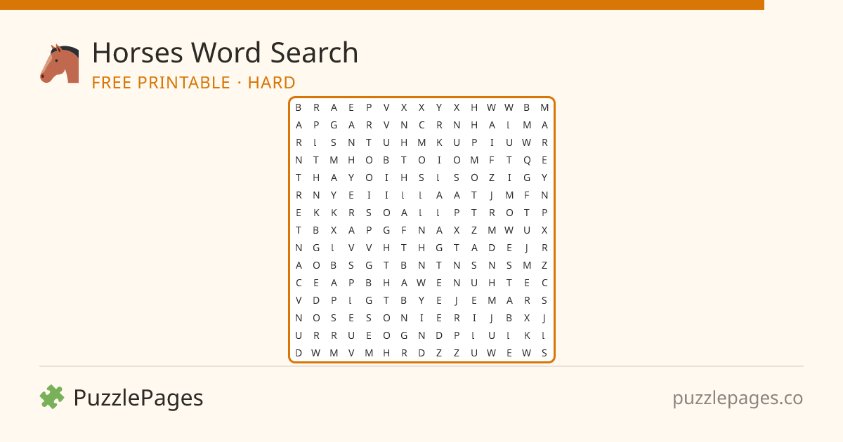 Horses Hard printable word search preview — free to print from PuzzlePages