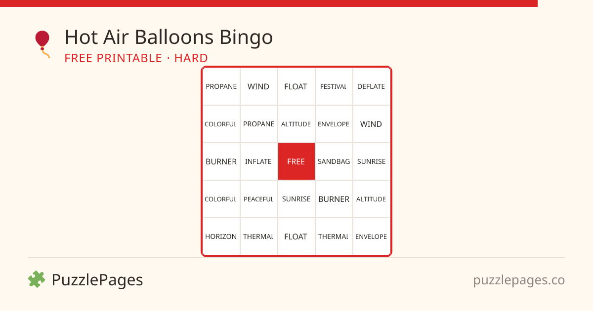 Hot Air Balloons Hard printable bingo preview — free to print from PuzzlePages
