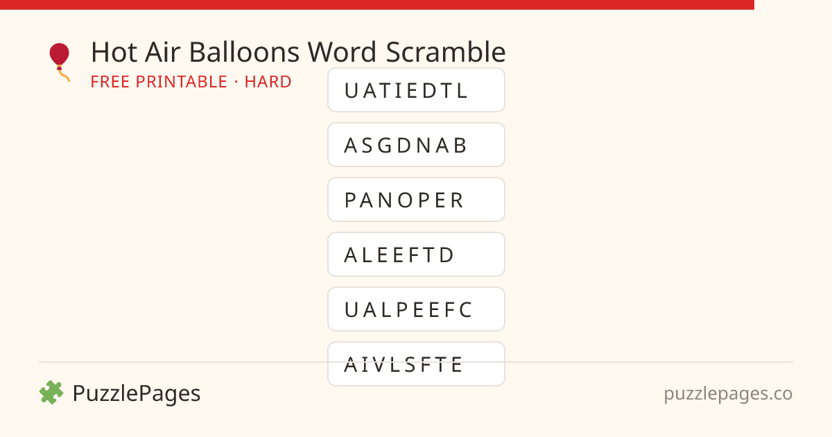 Hot Air Balloons Hard printable word scramble preview — free to print from PuzzlePages