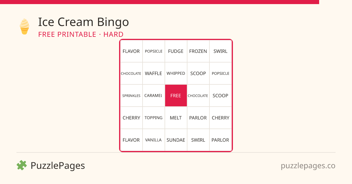 Ice Cream Hard printable bingo preview — free to print from PuzzlePages