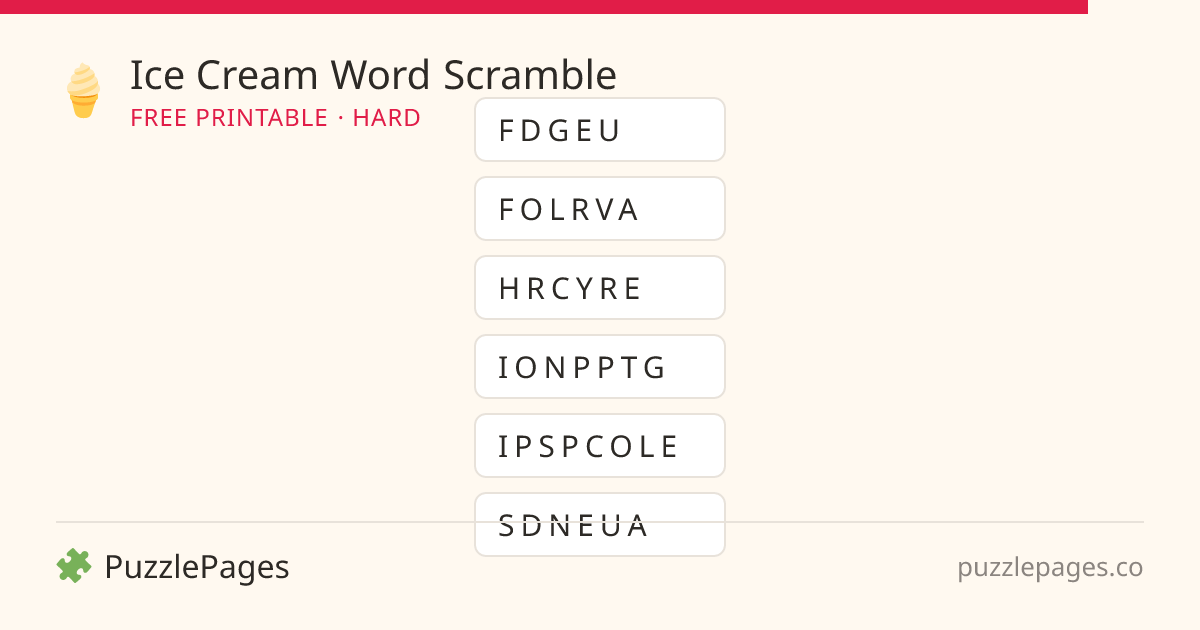 Ice Cream Hard printable word scramble preview — free to print from PuzzlePages