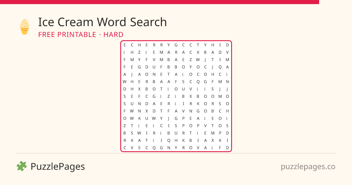 Ice Cream Hard printable word search preview — free to print from PuzzlePages