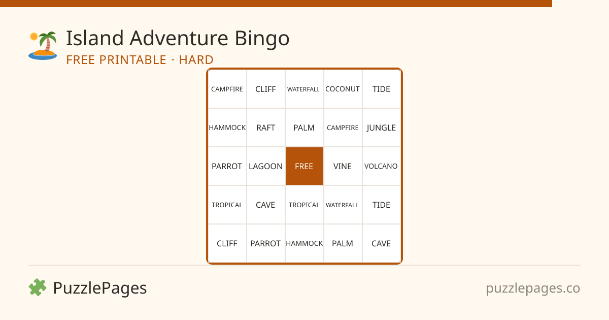 Island Adventure Hard printable bingo preview — free to print from PuzzlePages