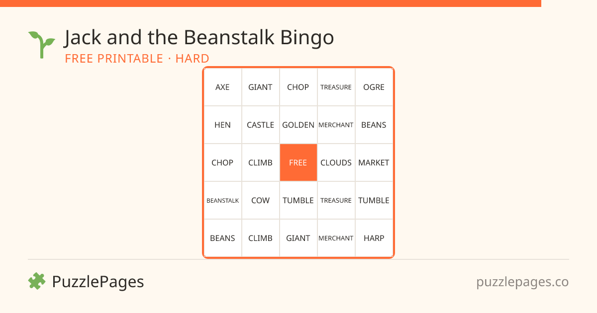 Jack and the Beanstalk Hard printable bingo preview — free to print from PuzzlePages