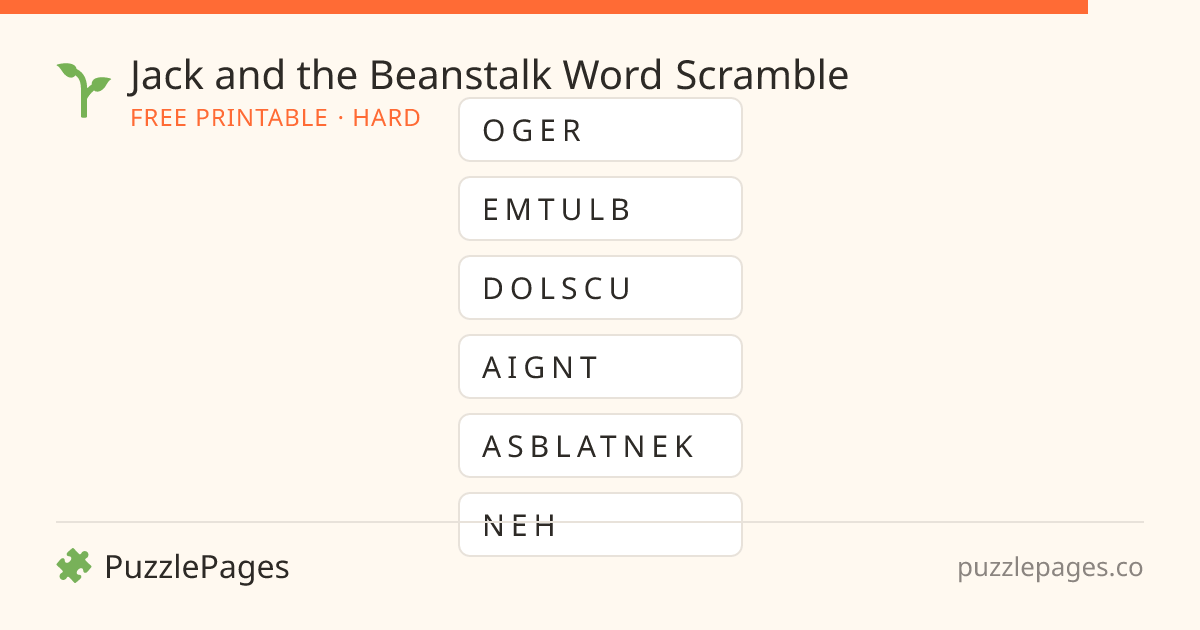 Jack and the Beanstalk Hard printable word scramble preview — free to print from PuzzlePages