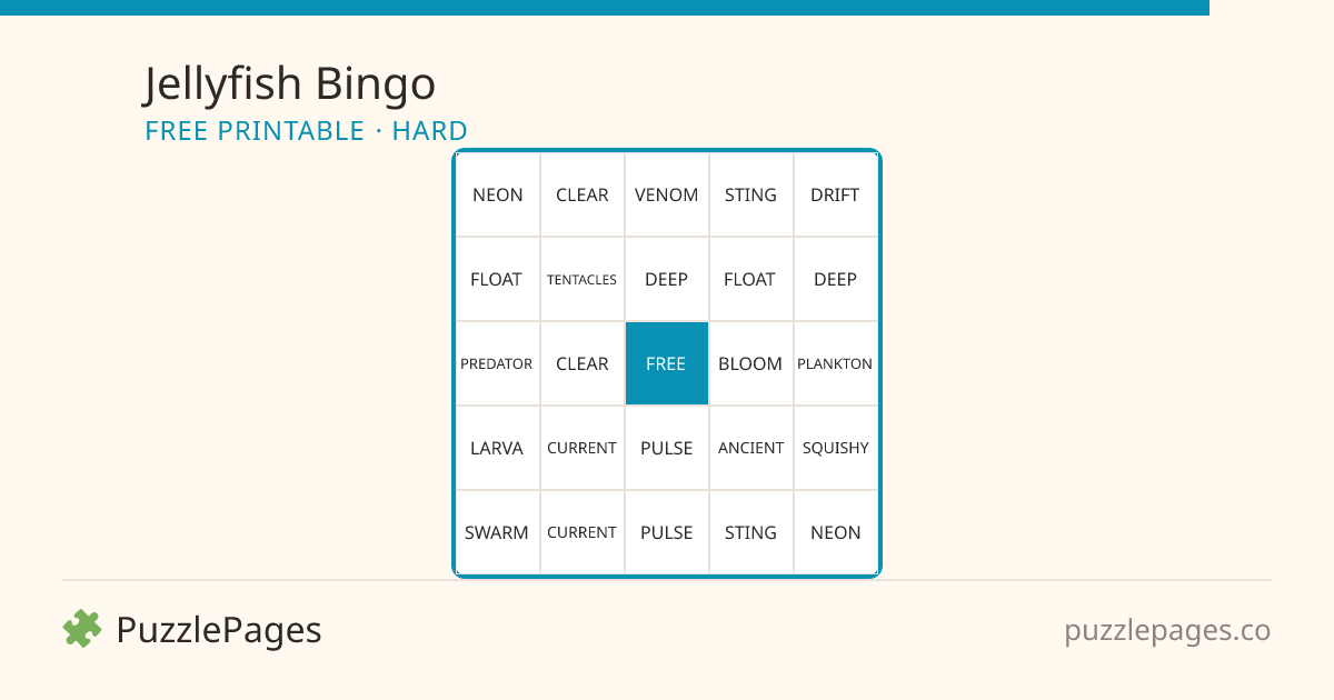 Jellyfish Hard printable bingo preview — free to print from PuzzlePages