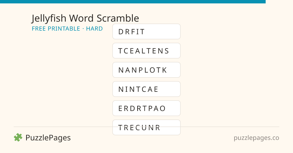 Jellyfish Hard printable word scramble preview — free to print from PuzzlePages