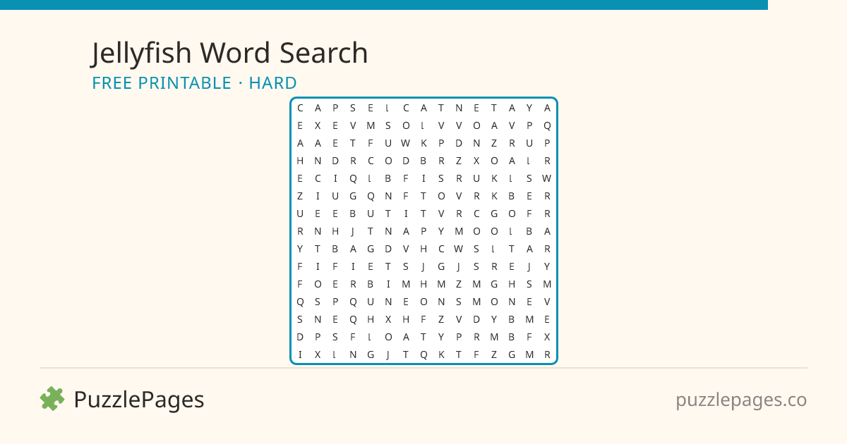 Jellyfish Hard printable word search preview — free to print from PuzzlePages