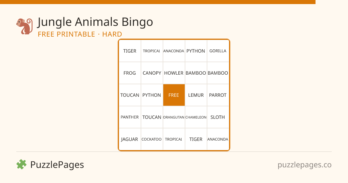 Jungle Animals Hard printable bingo preview — free to print from PuzzlePages