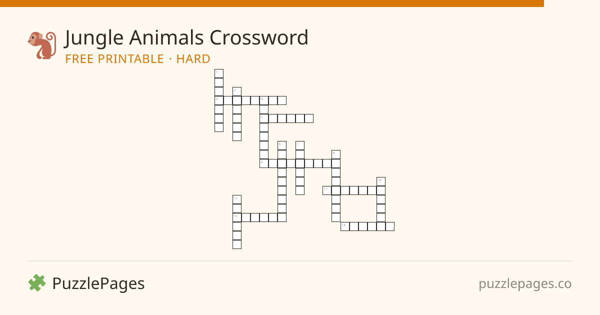 Jungle Animals Hard printable crossword preview — free to print from PuzzlePages