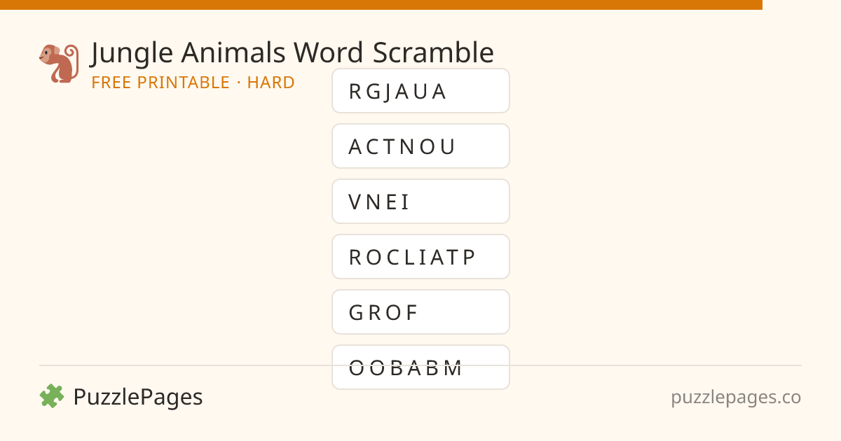 Jungle Animals Hard printable word scramble preview — free to print from PuzzlePages