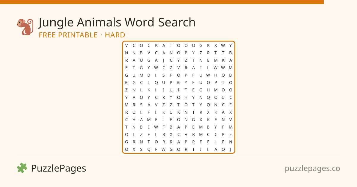 Jungle Animals Hard printable word search preview — free to print from PuzzlePages