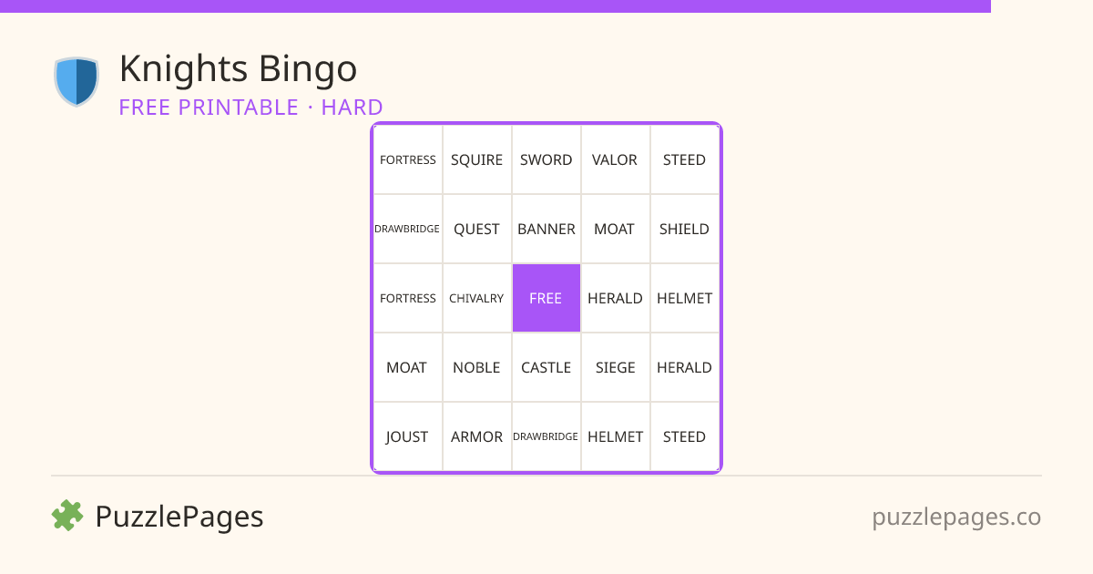 Knights Hard printable bingo preview — free to print from PuzzlePages