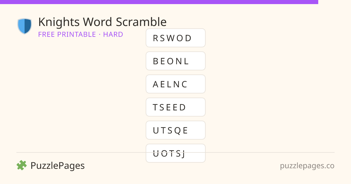 Knights Hard printable word scramble preview — free to print from PuzzlePages