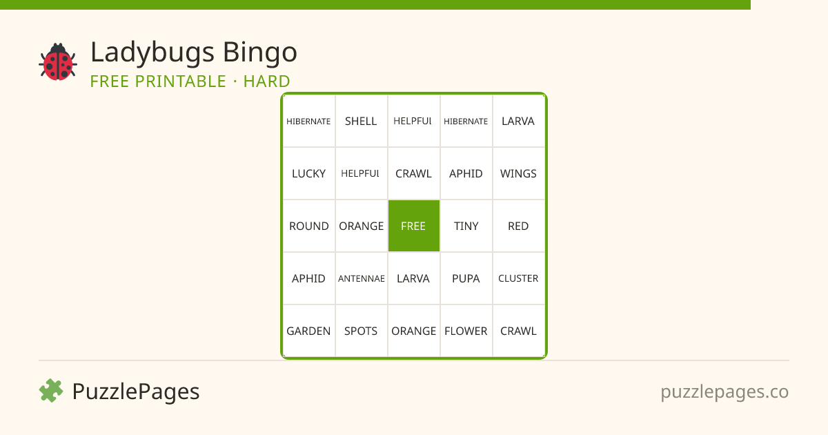 Ladybugs Hard printable bingo preview — free to print from PuzzlePages