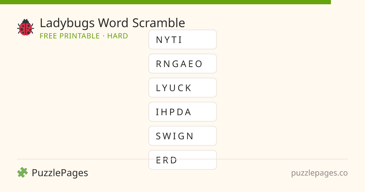 Ladybugs Hard printable word scramble preview — free to print from PuzzlePages