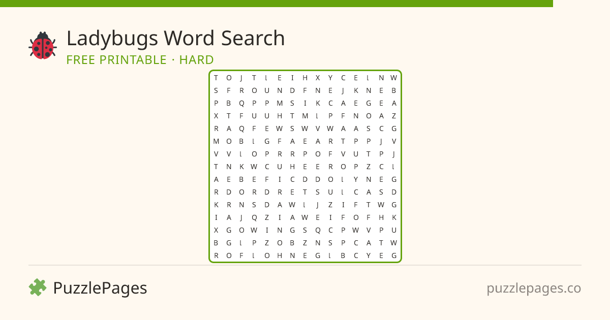 Ladybugs Hard printable word search preview — free to print from PuzzlePages