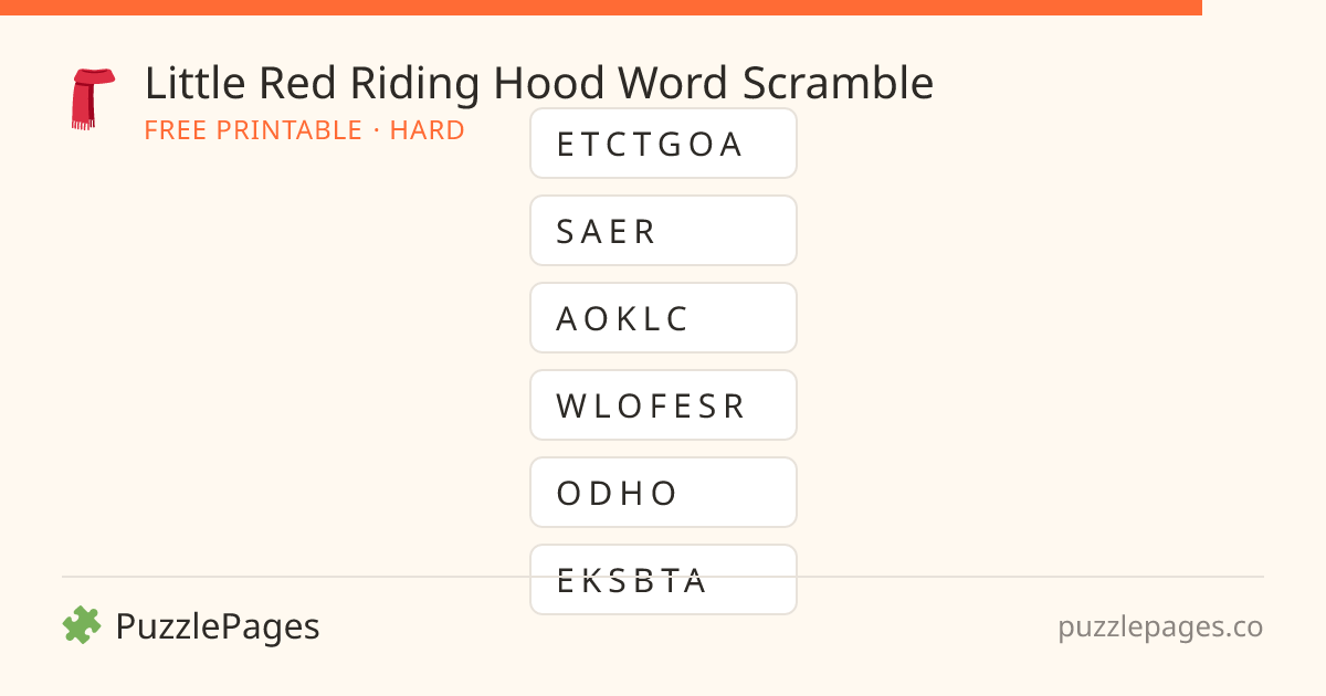 Little Red Riding Hood Hard printable word scramble preview — free to print from PuzzlePages