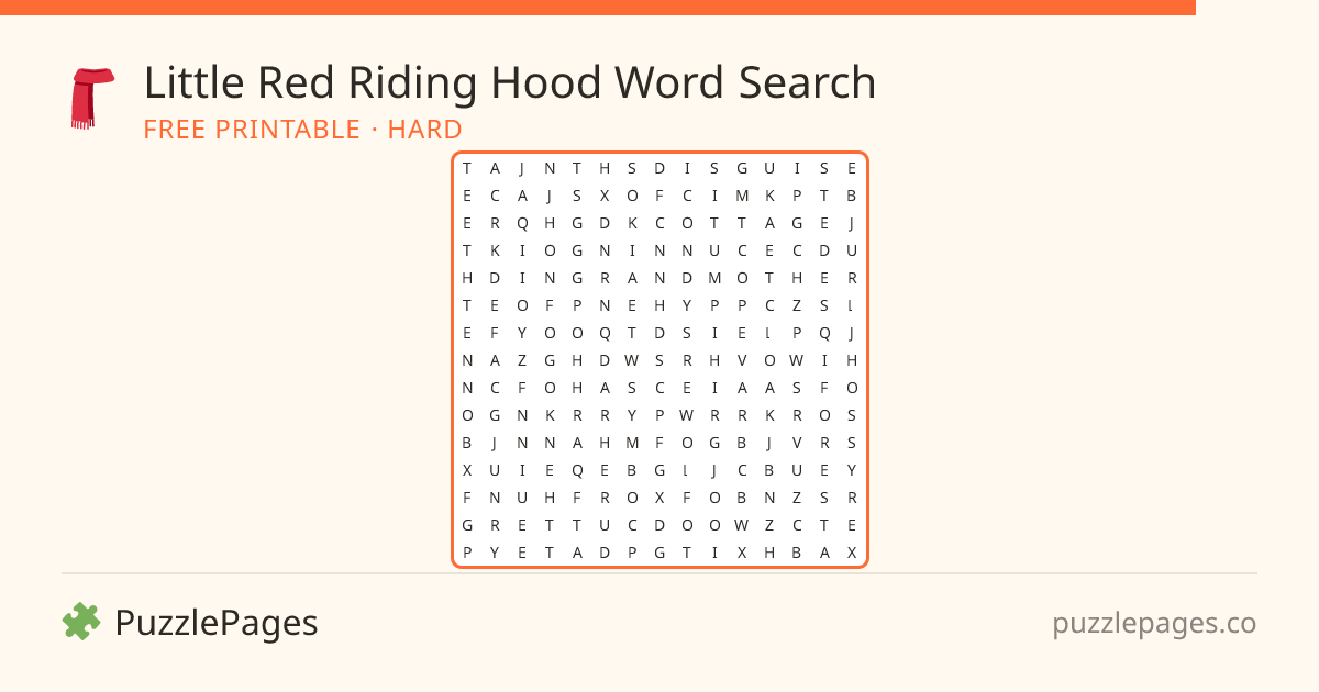 Little Red Riding Hood Hard printable word search preview — free to print from PuzzlePages
