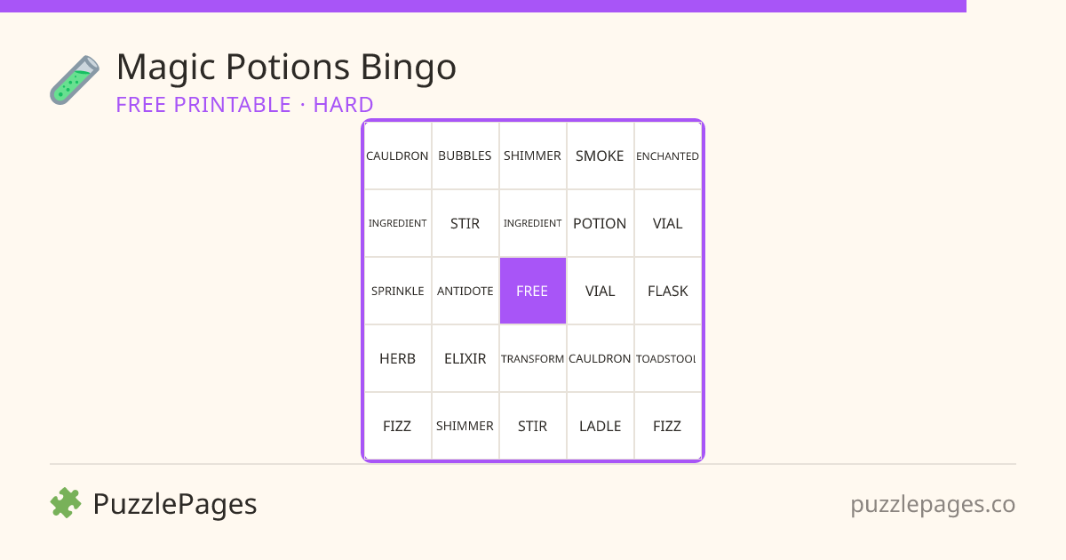 Magic Potions Hard printable bingo preview — free to print from PuzzlePages