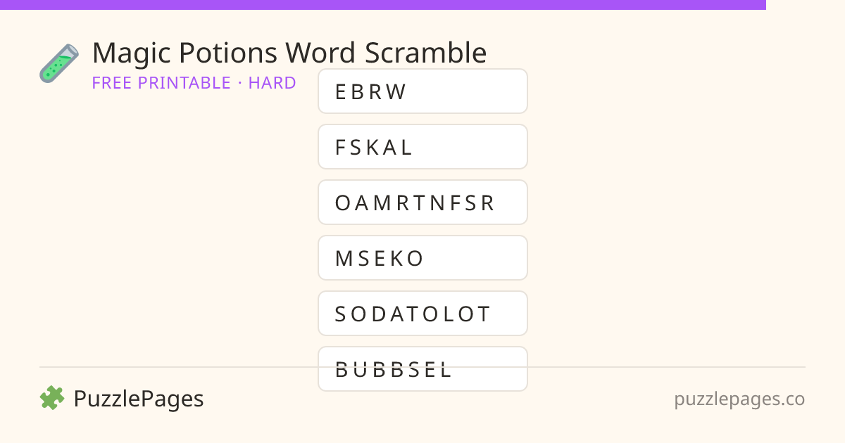 Magic Potions Hard printable word scramble preview — free to print from PuzzlePages