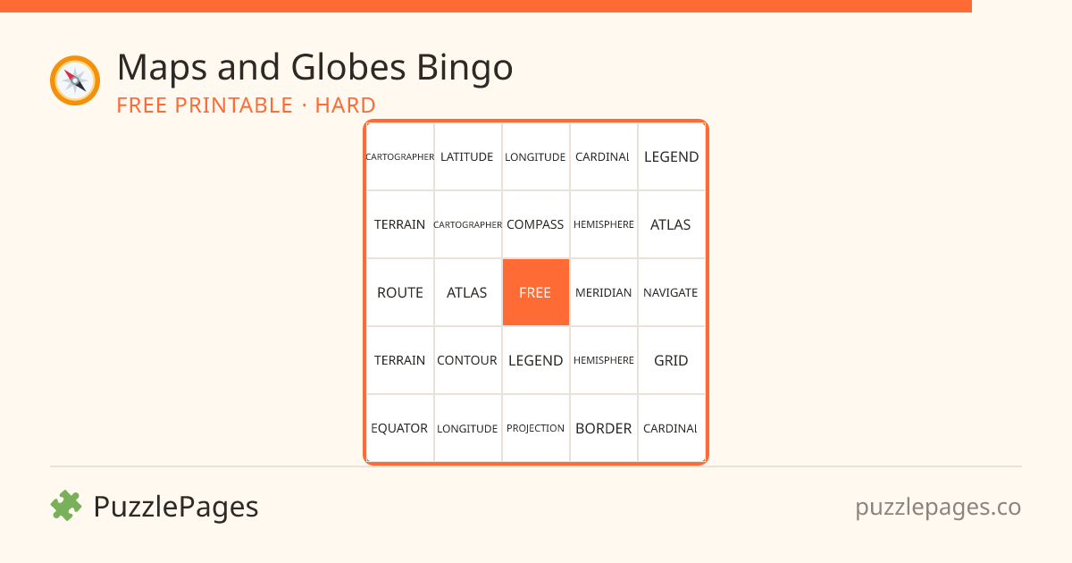 Maps and Globes Hard printable bingo preview — free to print from PuzzlePages