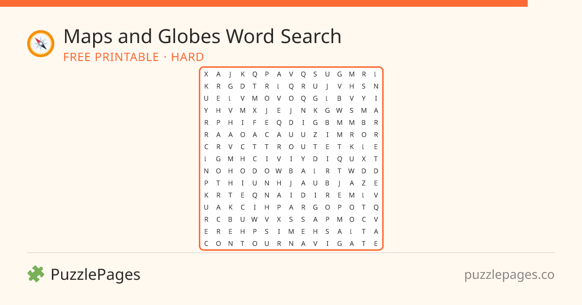 Maps and Globes Hard printable word search preview — free to print from PuzzlePages