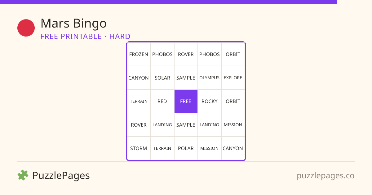 Mars Hard printable bingo preview — free to print from PuzzlePages