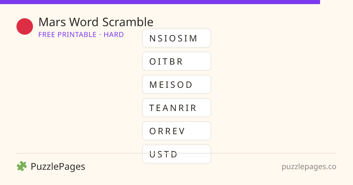 Mars Hard printable word scramble preview — free to print from PuzzlePages