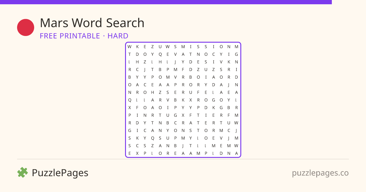 Mars Hard printable word search preview — free to print from PuzzlePages