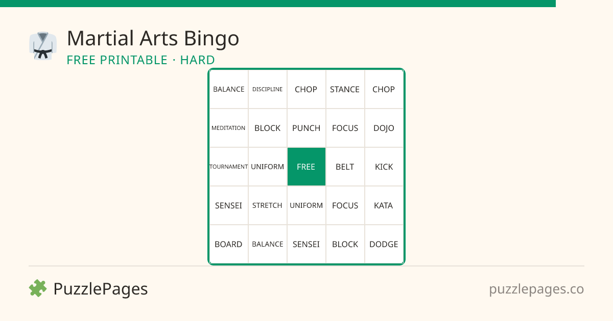 Martial Arts Hard printable bingo preview — free to print from PuzzlePages