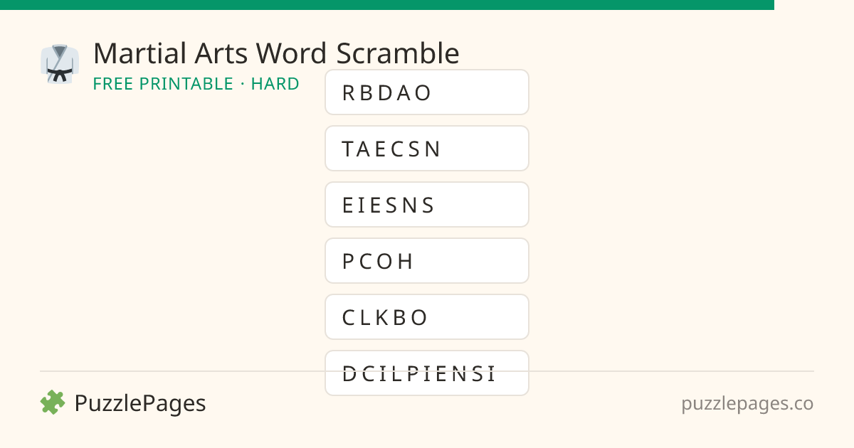 Martial Arts Hard printable word scramble preview — free to print from PuzzlePages