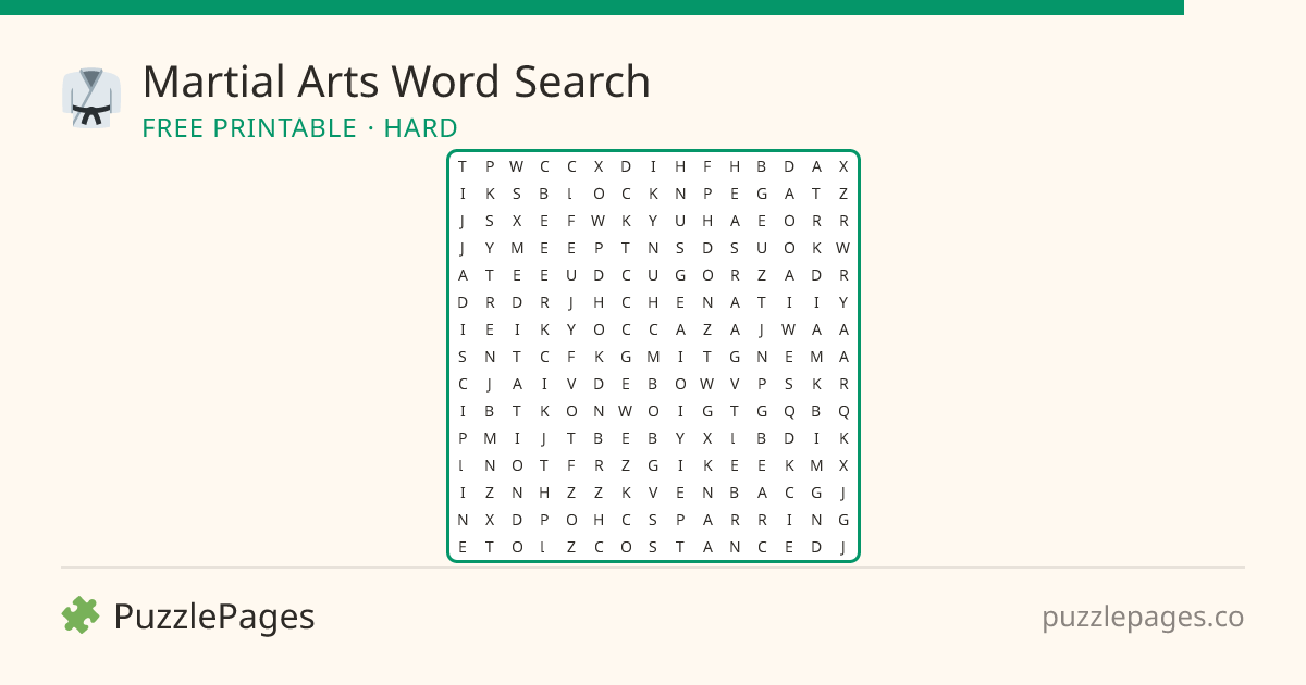 Martial Arts Hard printable word search preview — free to print from PuzzlePages
