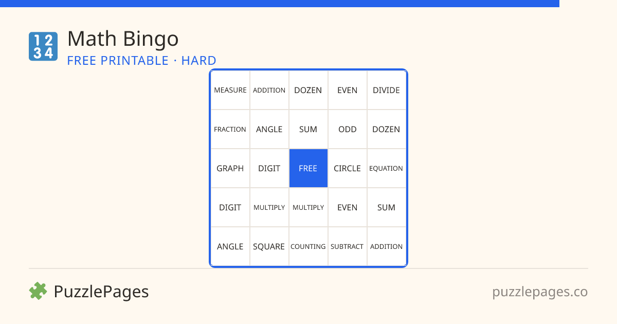 Math Hard printable bingo preview — free to print from PuzzlePages